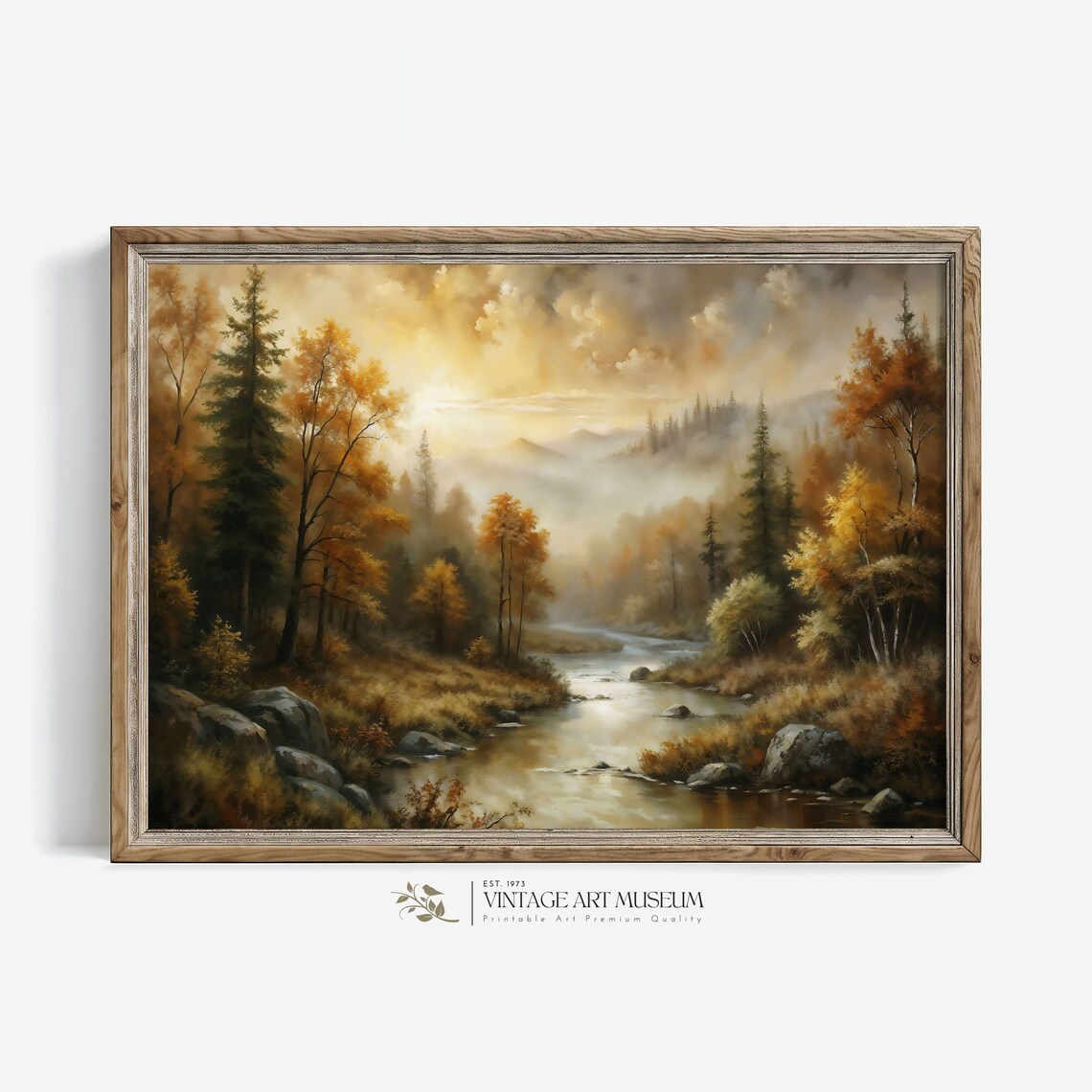 Autumn Forest River Landscape, Vintage Oil Painting Print