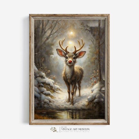 Rudolph in a Snowy Scene, Vintage Christmas Art Print