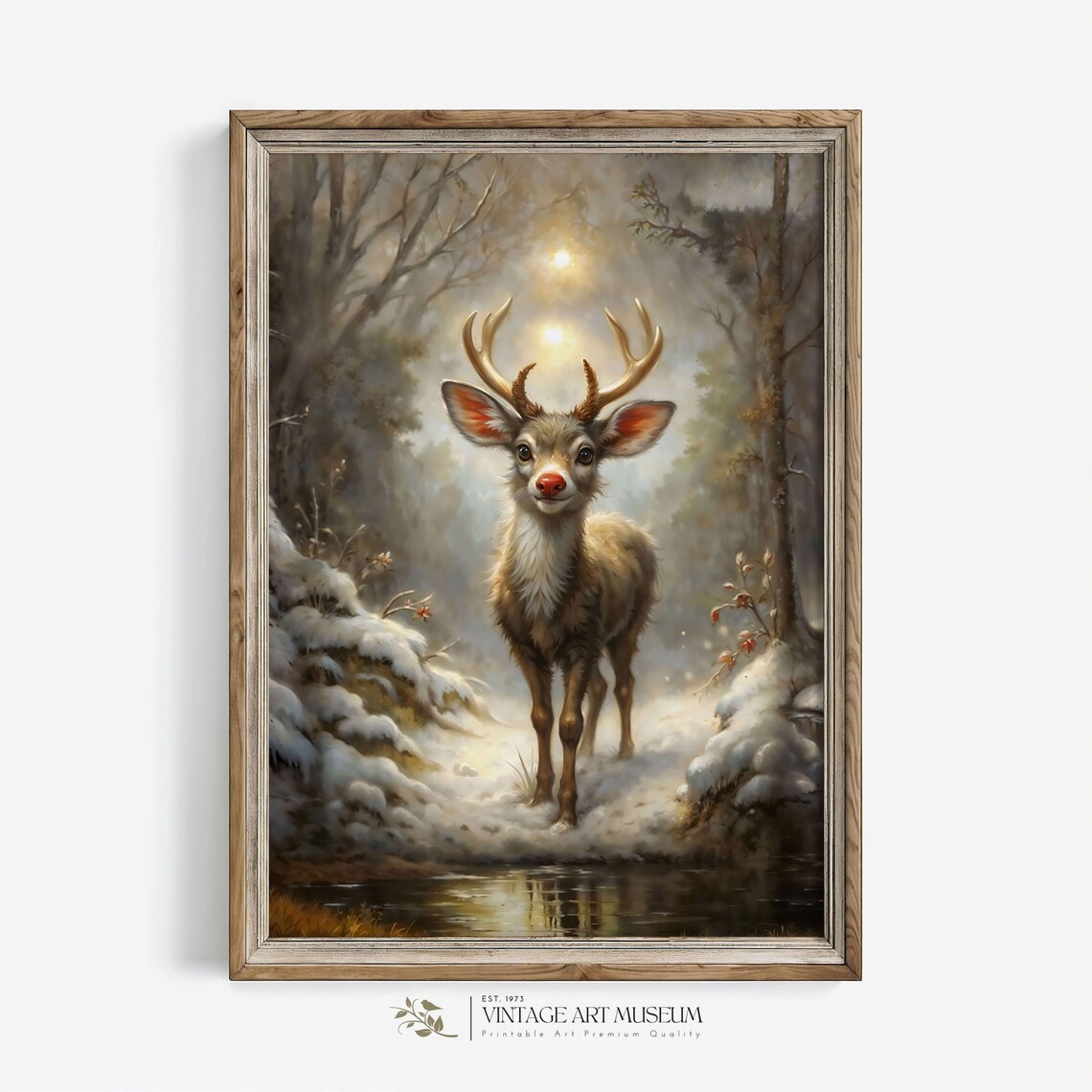 Rudolph in a Snowy Scene, Vintage Christmas Art Print