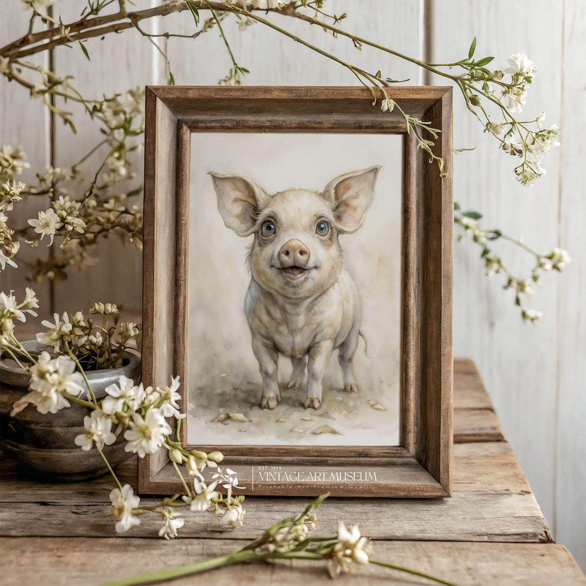 Watercolor Piglet Nursery Design in a Light Wood Frame Room Poster - Image 2