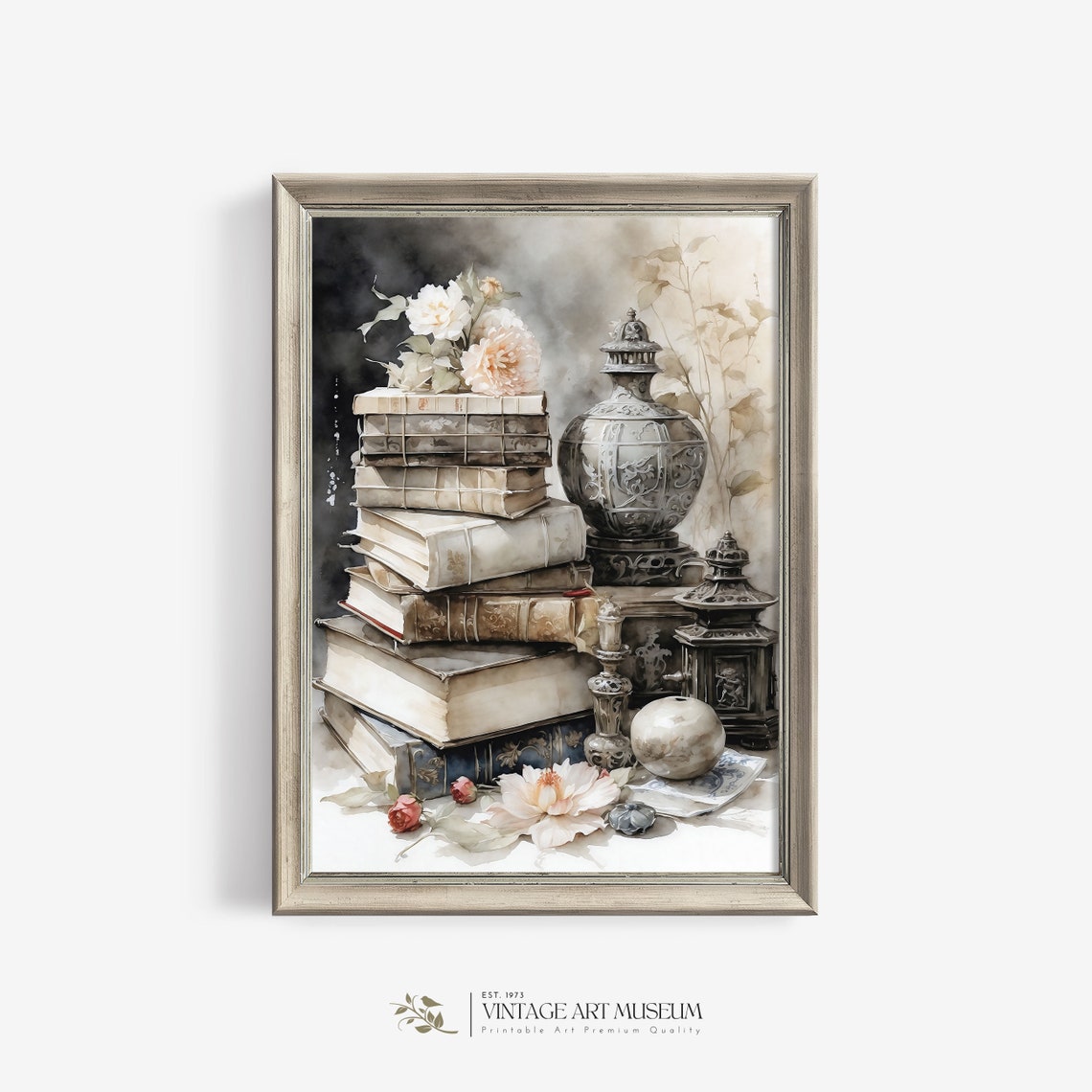 Antique Book Stack Still Life Silver Vase Flowers Library Decor Poster
