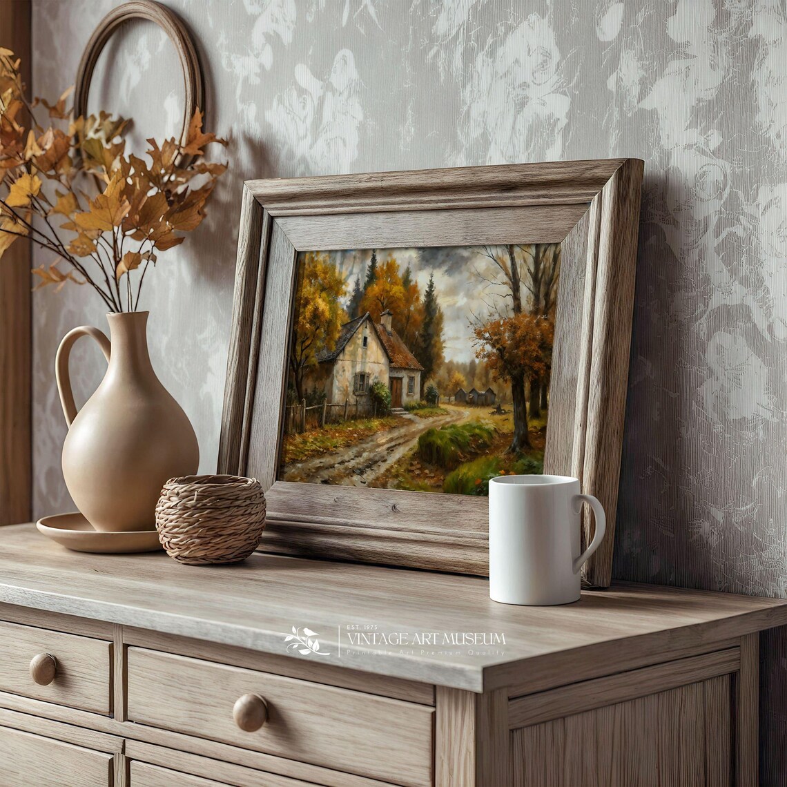 Autumn Farmhouse on Country Road Fall Village Oil Painting Wall Art - Image 3