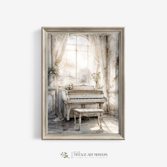 White Grand Piano by Sunlit Window Elegant Watercolor Wall Art
