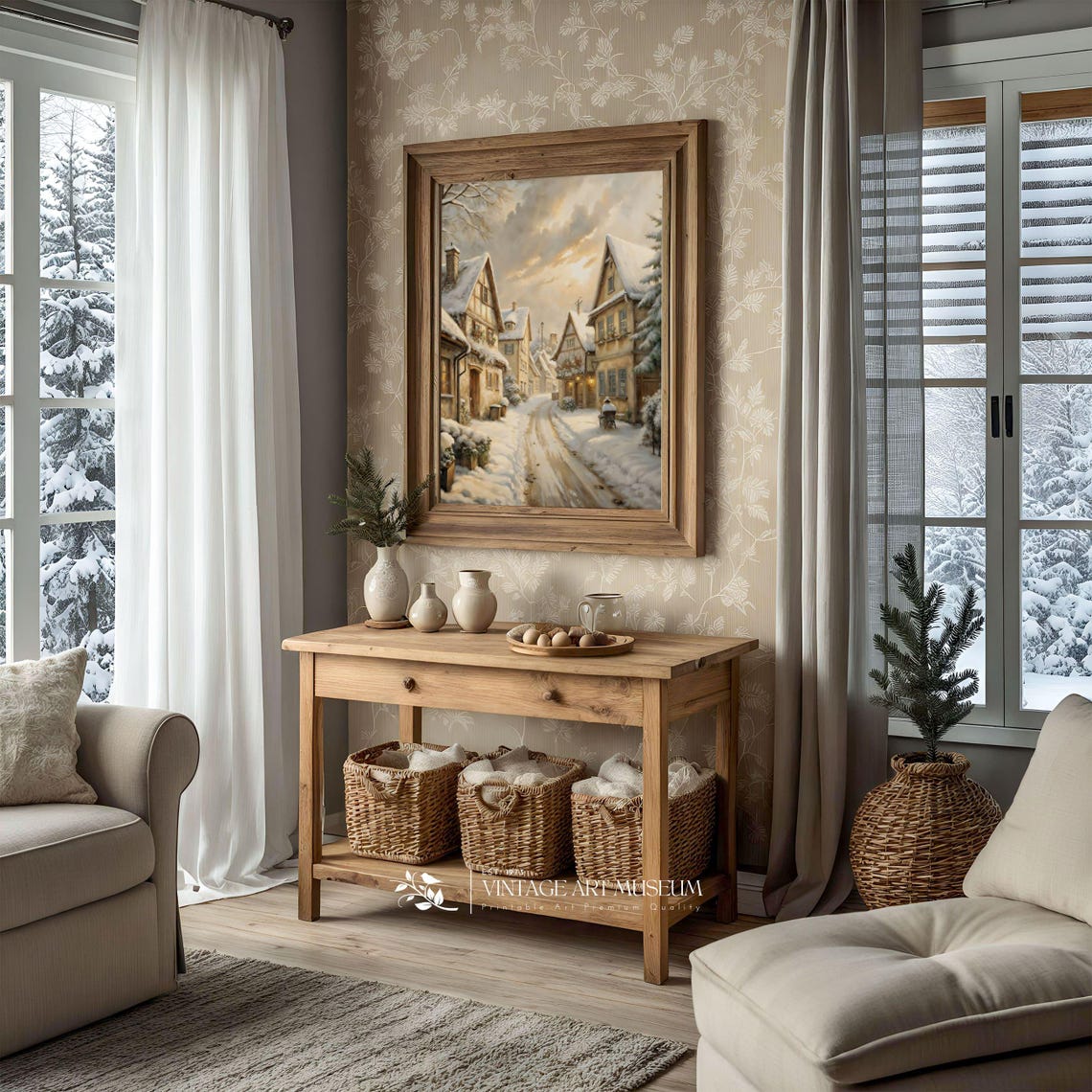 Half Timbered Village Street in Winter With Seated Figure Poster - Image 2
