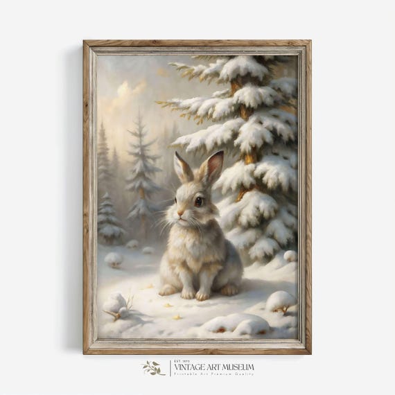 White Cute Bunny In Snowy Forest Winter Scene Wall Art Vintage Style Oil Painting Cottagecore Christmas Decor 494