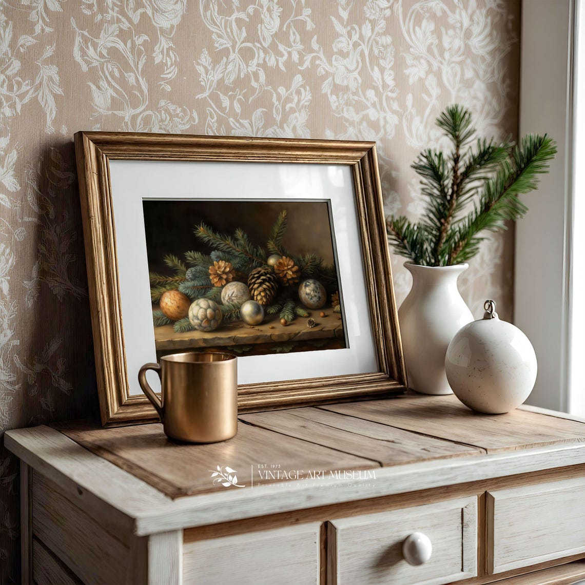 Winter Still Life with Pinecones and Christmas Ornaments Wall Art - Image 3