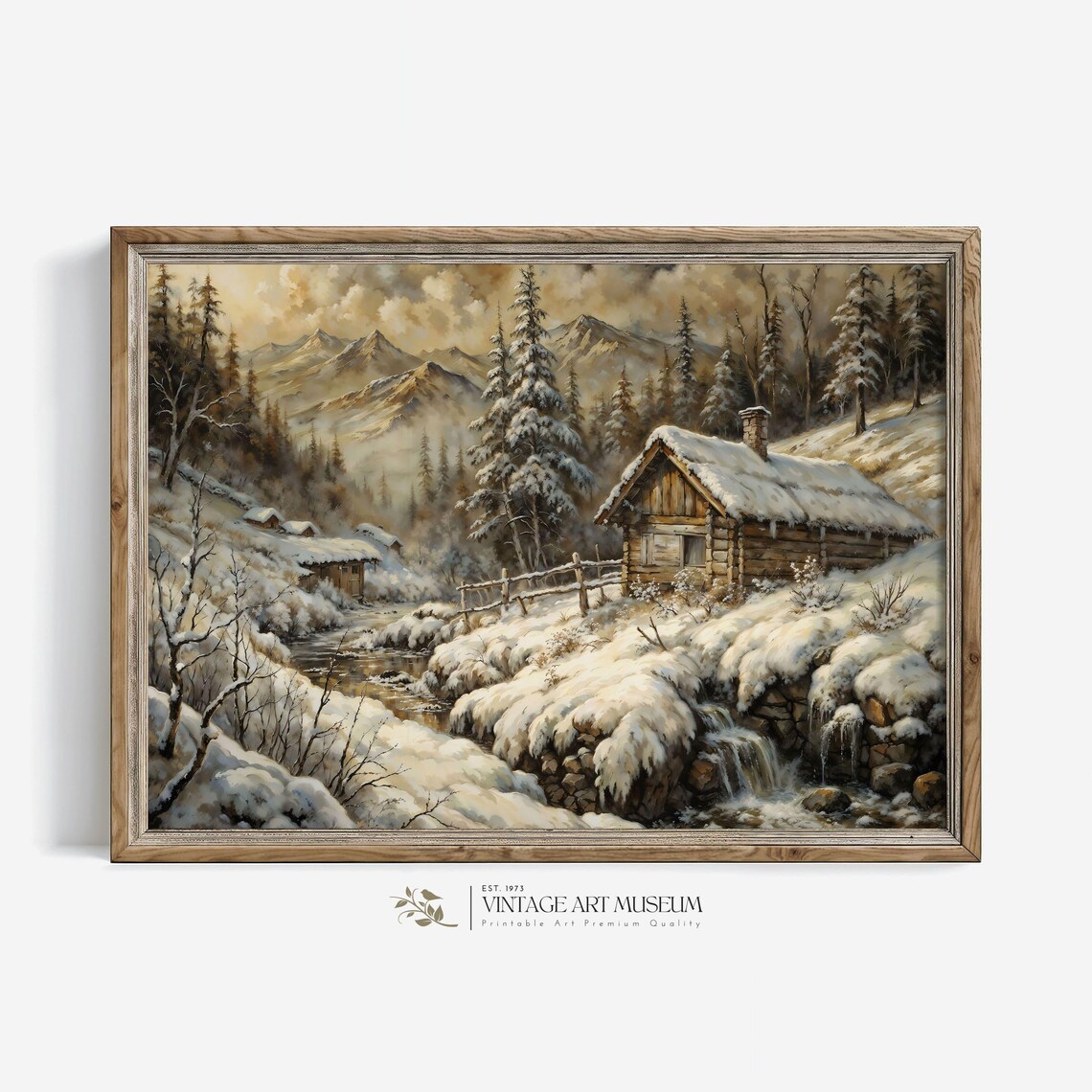 Snowy Mountain Cabin Valley with Stream Vintage Winter Landscape Poster
