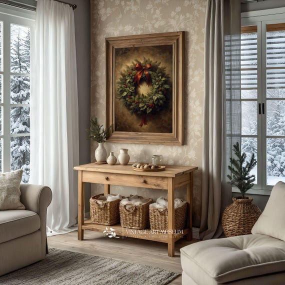 Christmas Wreath Moody Wall Art Warm Toned Vintage Style Xmas Artwork Oil Painting For Cottagecore Rustic Decor 492