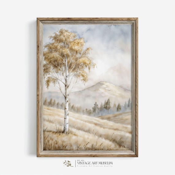 Vintage Style Birch Field Landscape Print Kids Nursery Wall Art In Warm Tones 589