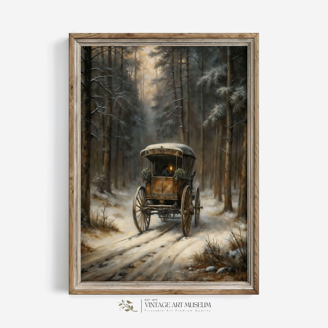 Snowy Forest With Antique Carriage, Vintage Art Print