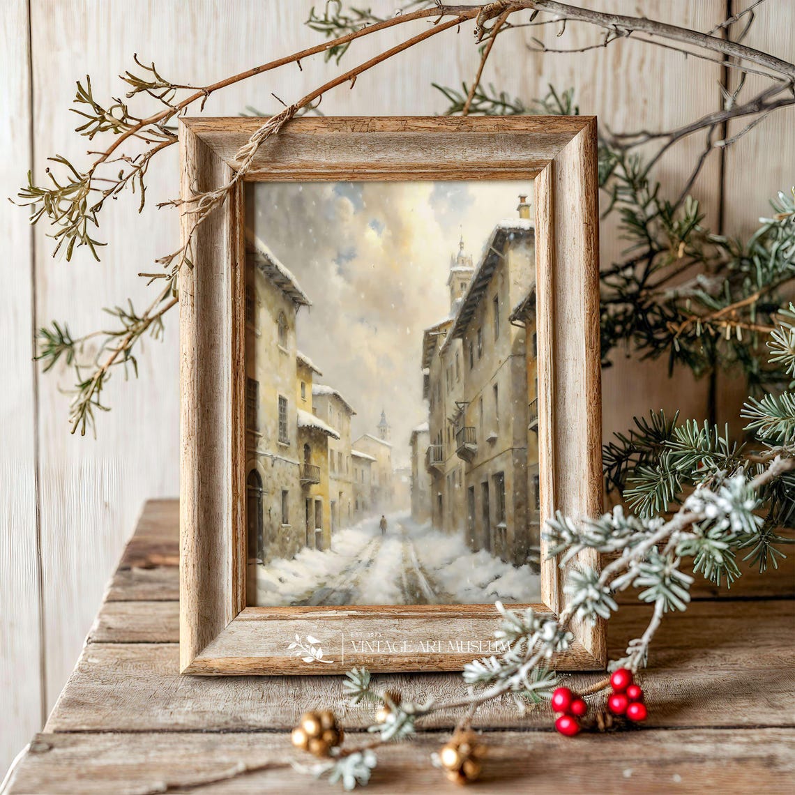 Snowy Old Town Street with Church Tower Warm Winter Wall Art - Image 3