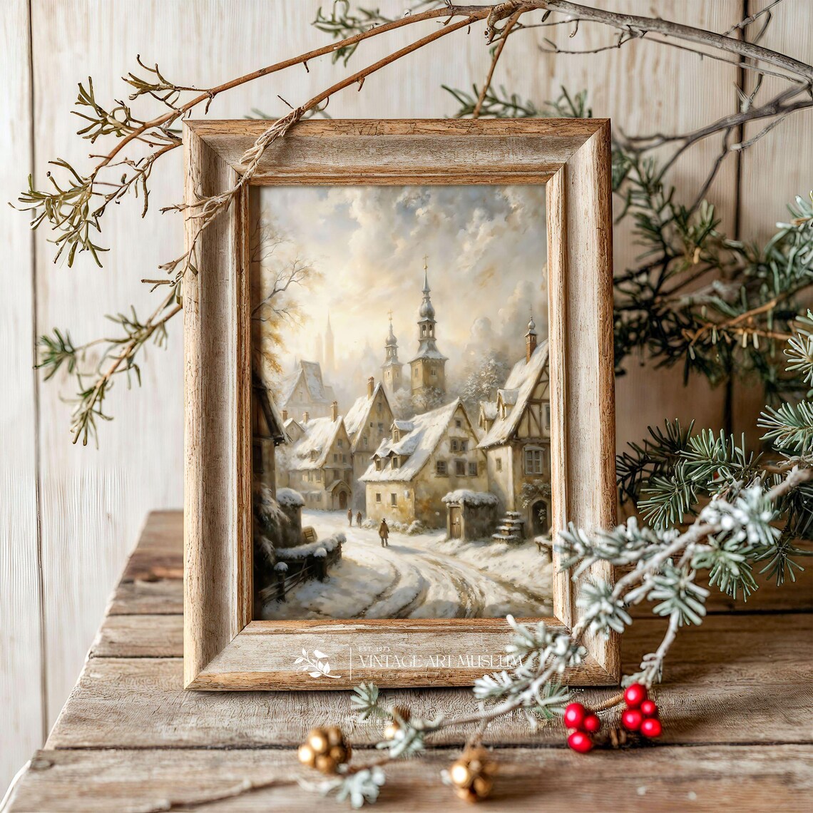 Snowy European Village Street With Church Spires Vintage Winter Poster - Image 3