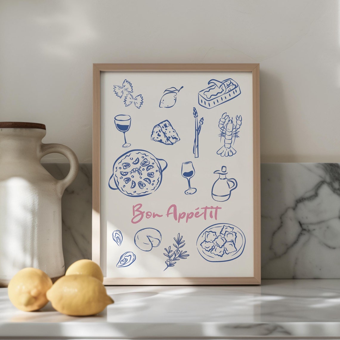 Bon Apptit Print French Cuisine Wall Art Retro Food Poster Minimalist Kitchen Print Food Sketch French Quote Cafe Decor Instant
