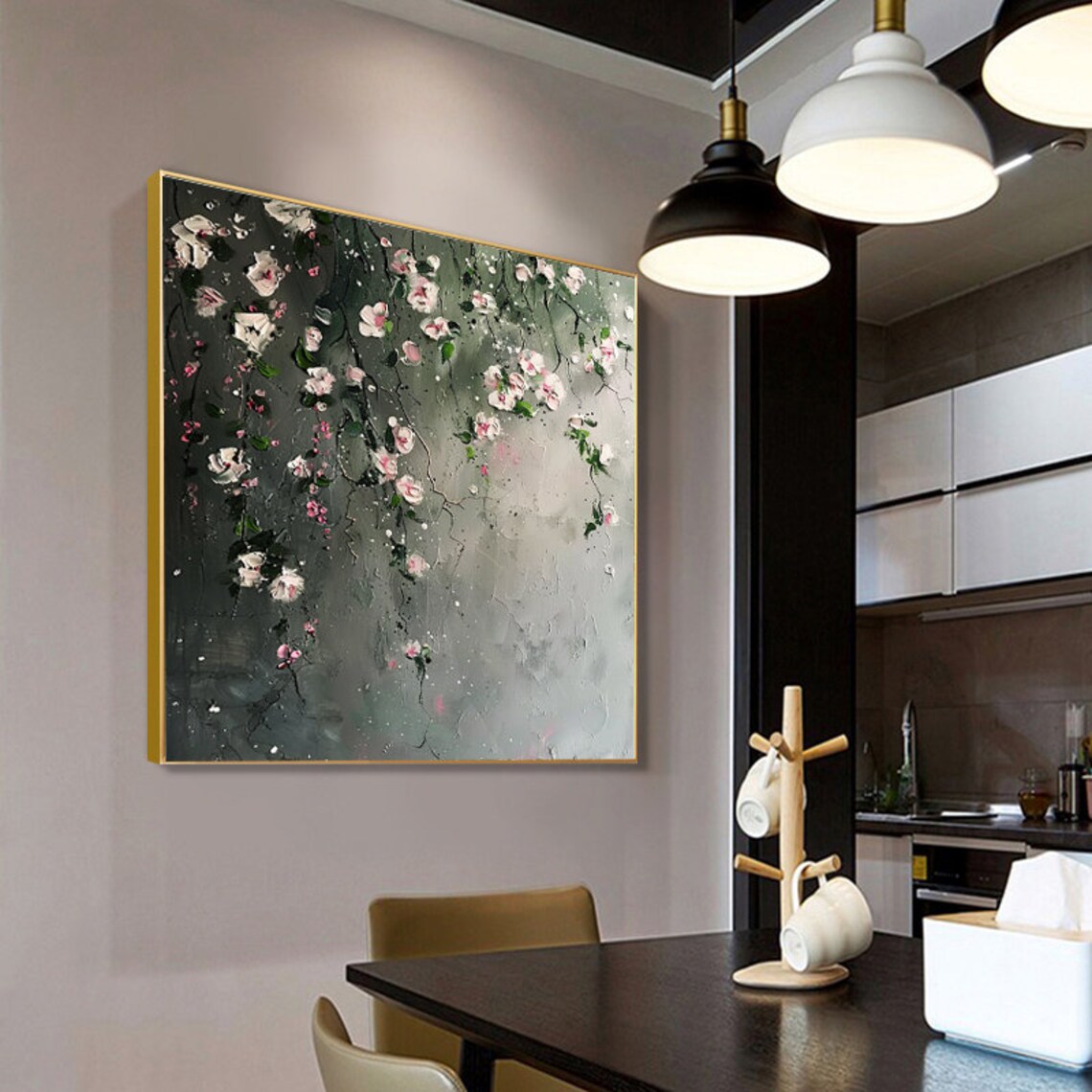 White Pink Roses Minimalist Blossom Branch Square Art Painting Poster - Image 3