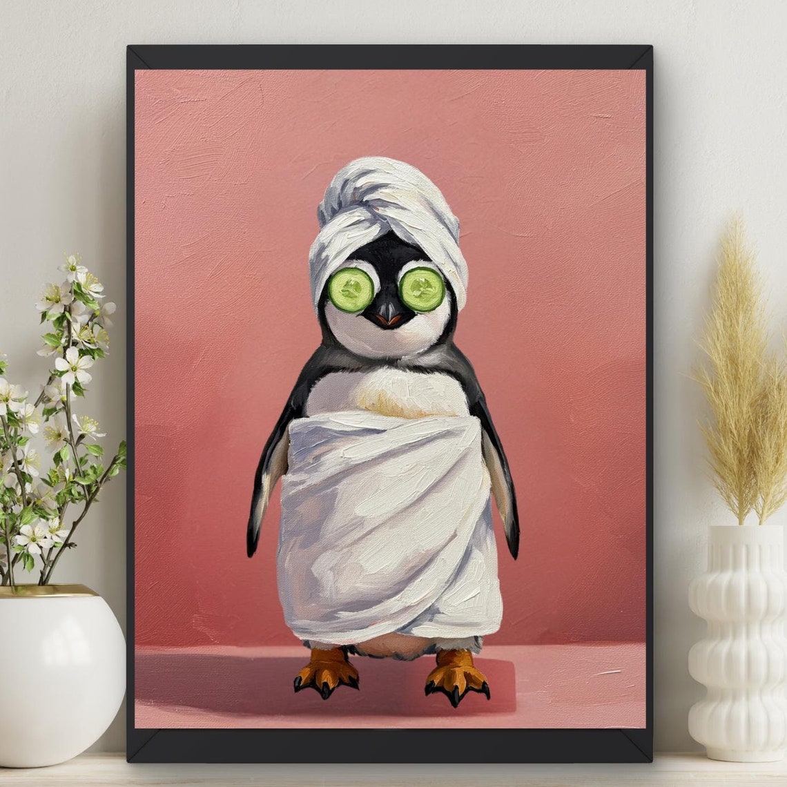 Cute Penguin Having Spa Day Towel Wrap And Cucumber Mask Poster