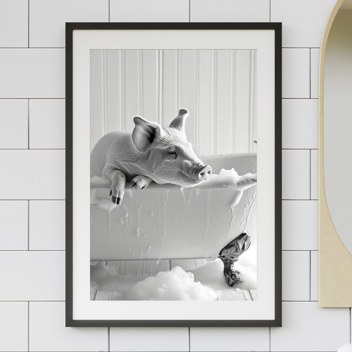 Happy Piglet Bubble Bath Vintage Clawfoot Tub Funny Bathroom Poster