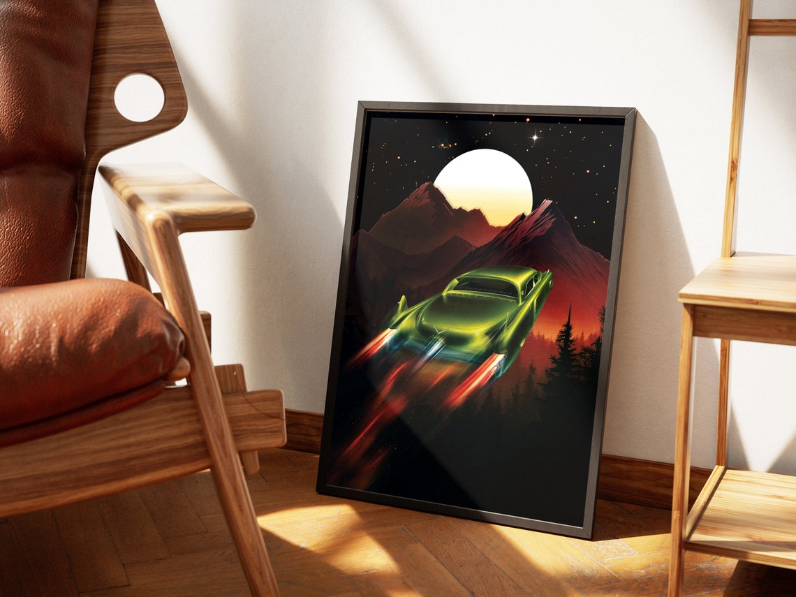 Skybound Flying Classic Car Night Mountains Glowing Moon Poster - Image 2