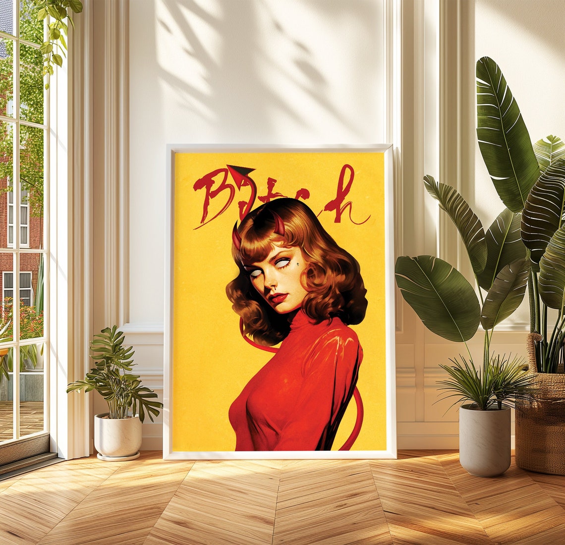 Devil Within Retro Devil Girl Bitch Script Bold Yellow Art Poster