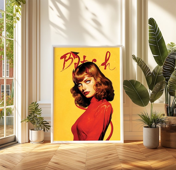 Devil Within Retro Devil Girl Bitch Script Bold Yellow Art Poster