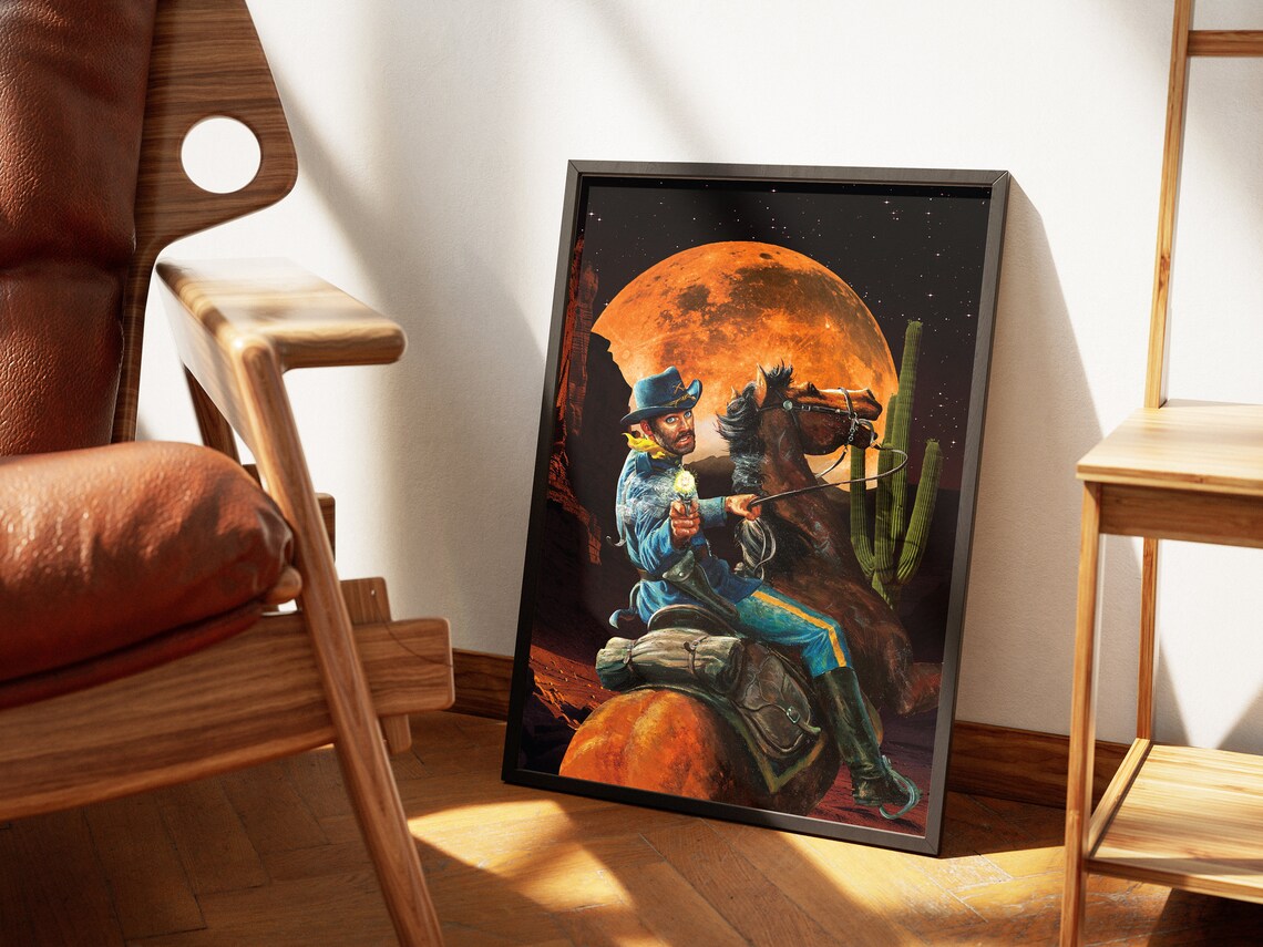 Space Cowboys Cowboy On Horse Giant Orange Moon Night Western Poster