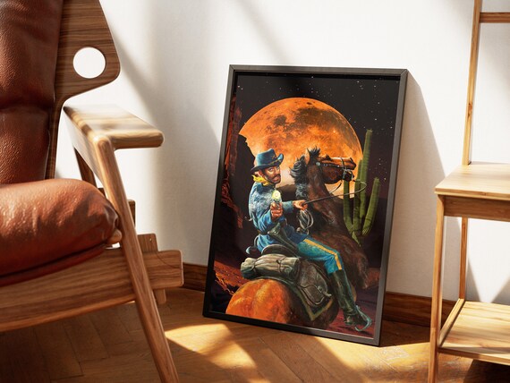 Space Cowboys Cowboy On Horse Giant Orange Moon Night Western Poster