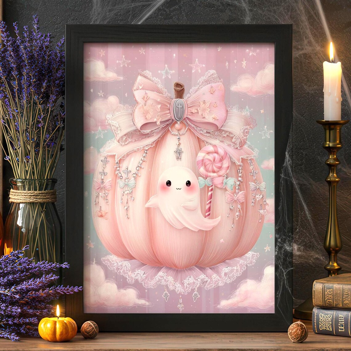 Pink Pumpkin Ghost Lollipop Kawaii Coquette Halloween Poster