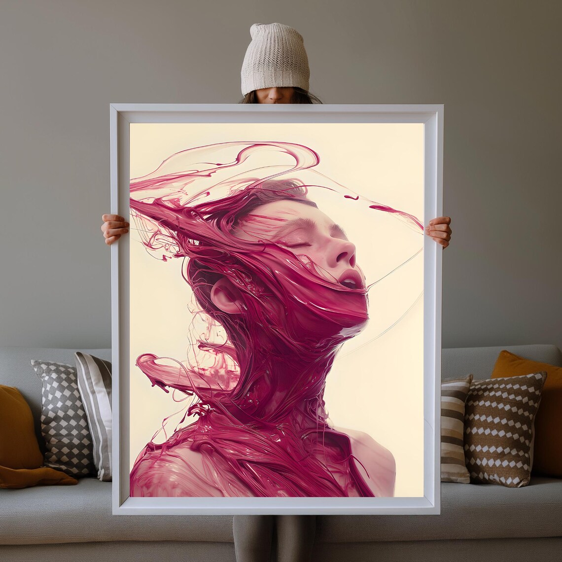 Splash Magenta Paint Swirl Woman Portrait Dreamy Fluid Art Poster