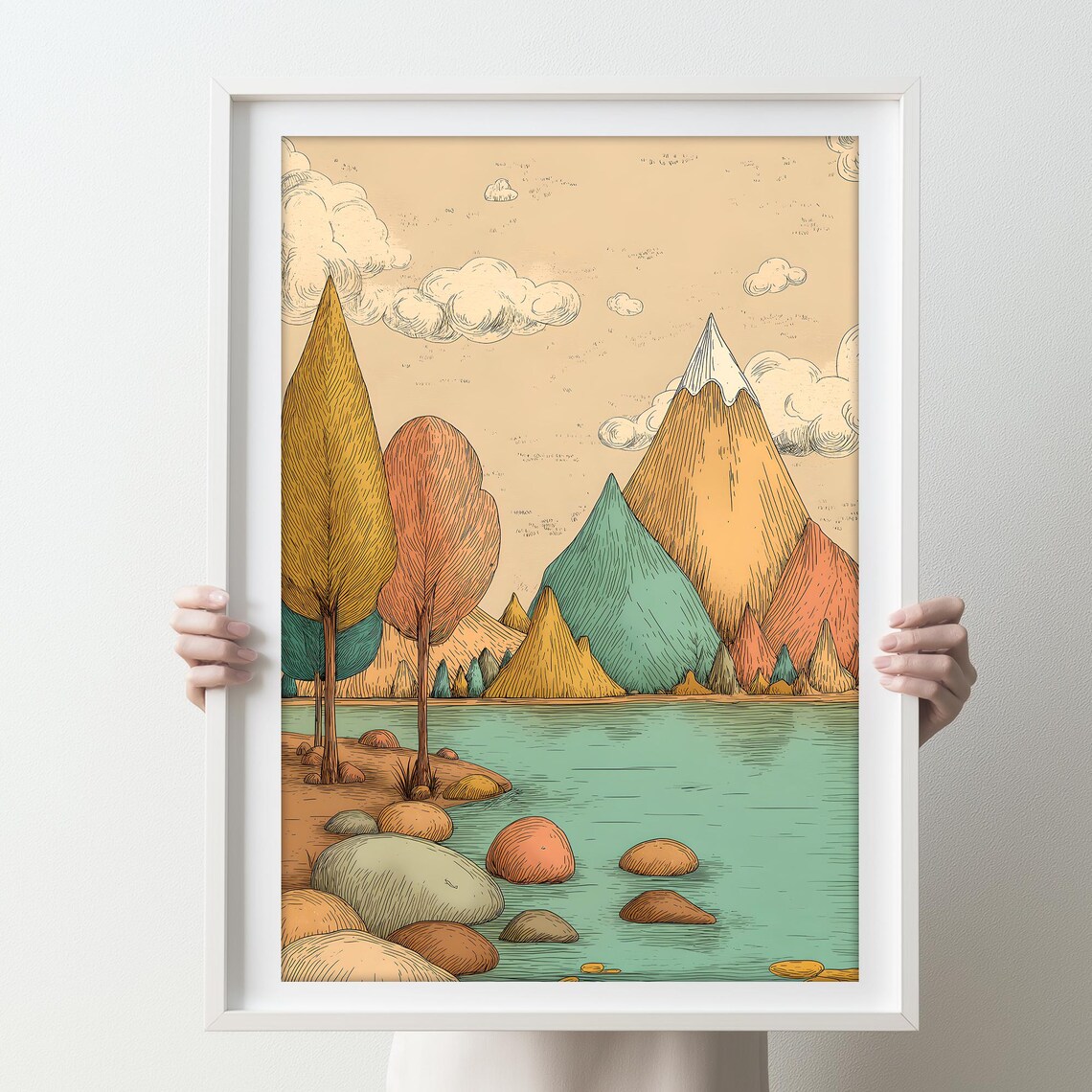 Hand Drawn Mountain Lake Colorful Peaks Whimsical Nature Art Poster