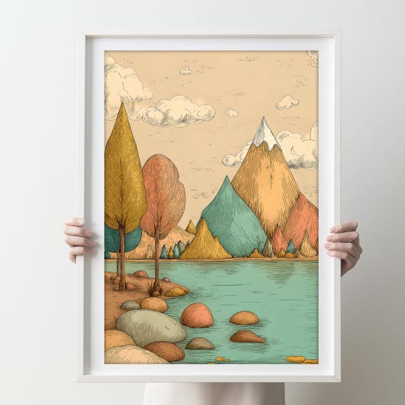 Landscape Illustration Art Wall Print Home Decor Line Handdrawn Style Scenery
