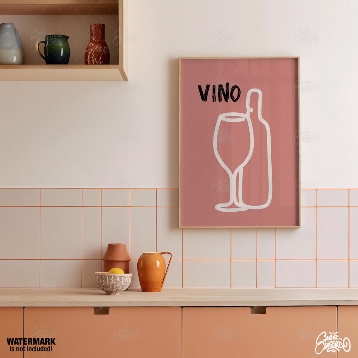 Vino Wine Bottle Glass Line Art Mauve Minimalist Bar Decor Poster
