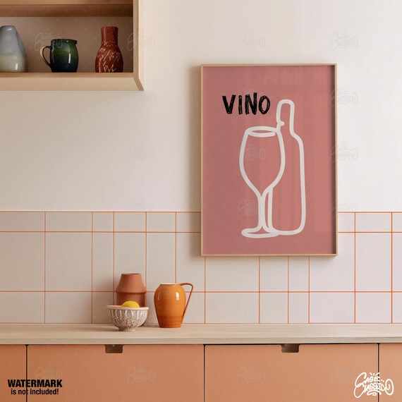 Vino Wine Bottle Glass Line Art Mauve Minimalist Bar Decor Poster