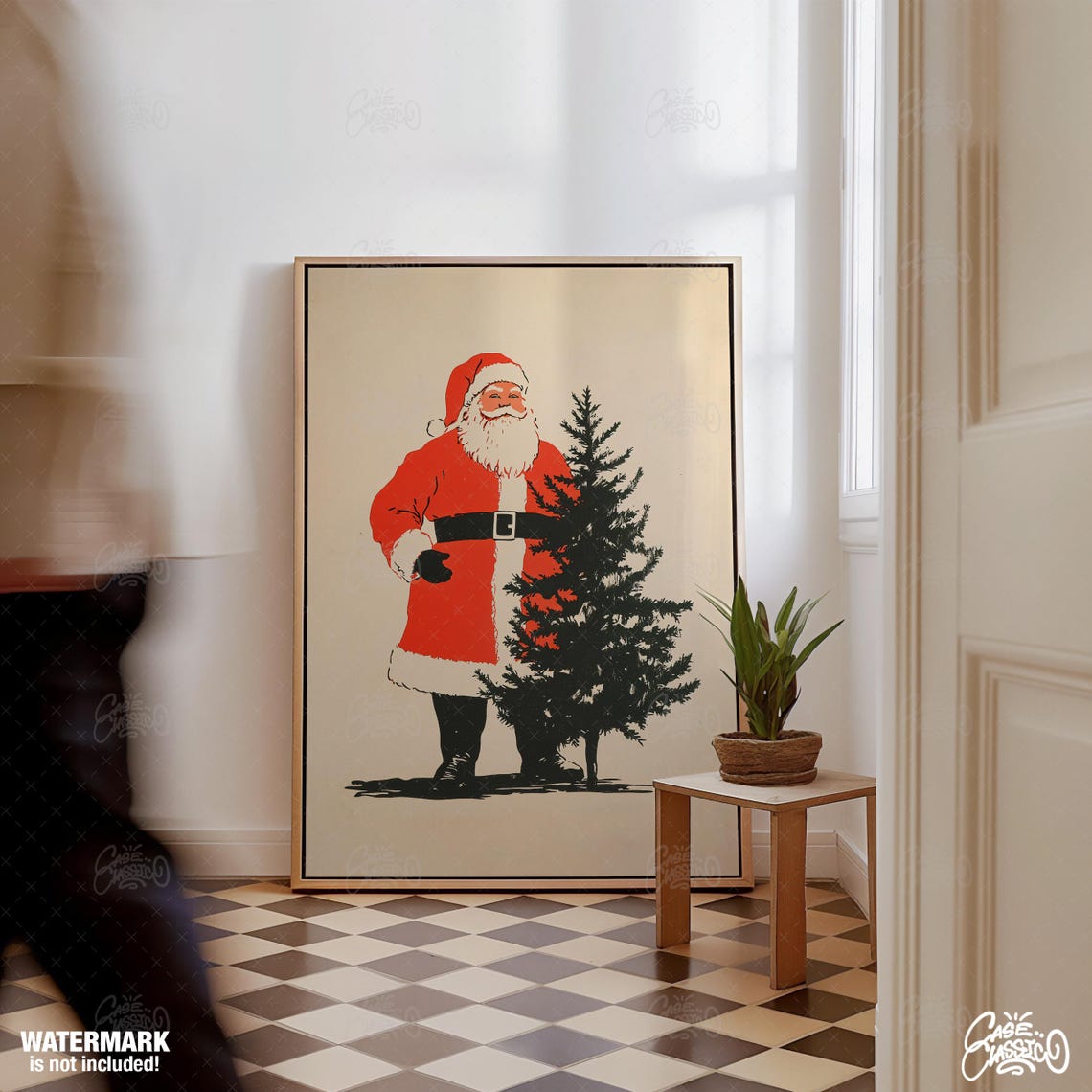 Minimalist Red Santa with Pine Tree Retro Christmas Holiday Poster