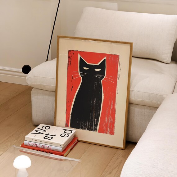 Faceless Cat Poster Black Print Wall Art Illustration Decor Room Living