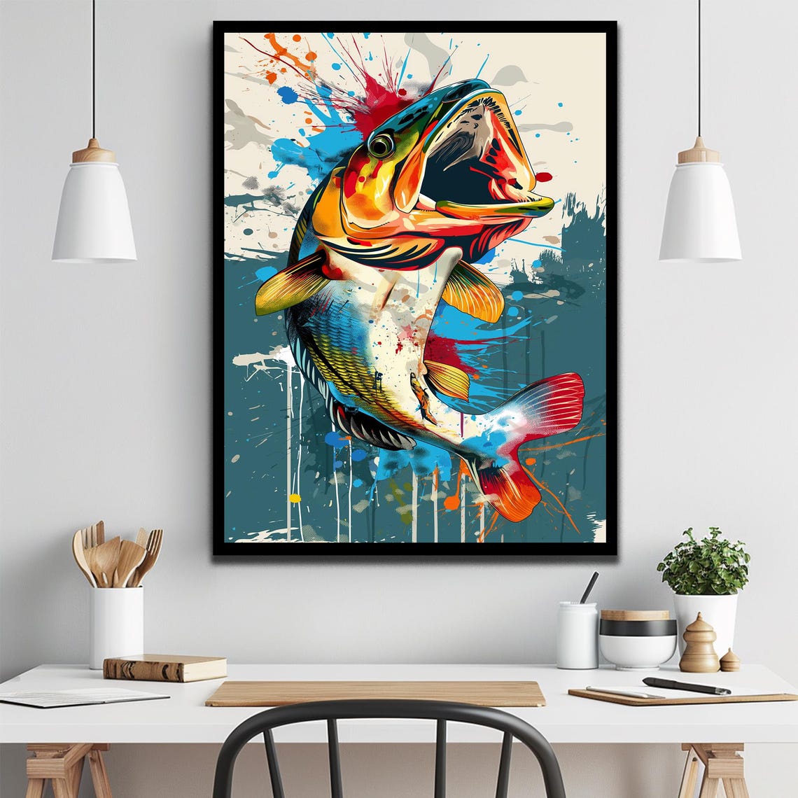 Colorful Leaping Bass Fish Pop Art Teal Water Splash Poster Art - Image 3
