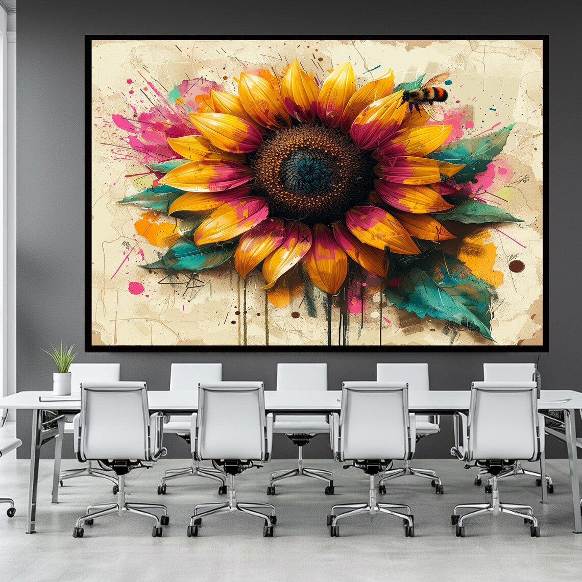 Colorful Sunflower with Bee Botanical Splash Art Floral Poster - Image 3
