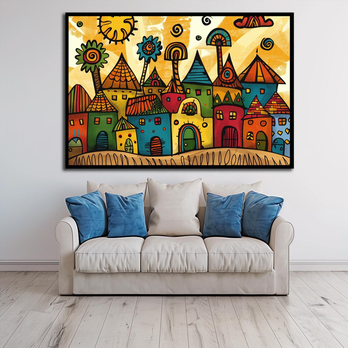 Whimsical Folk Art Village Colorful Houses Naive Style Poster - Image 3