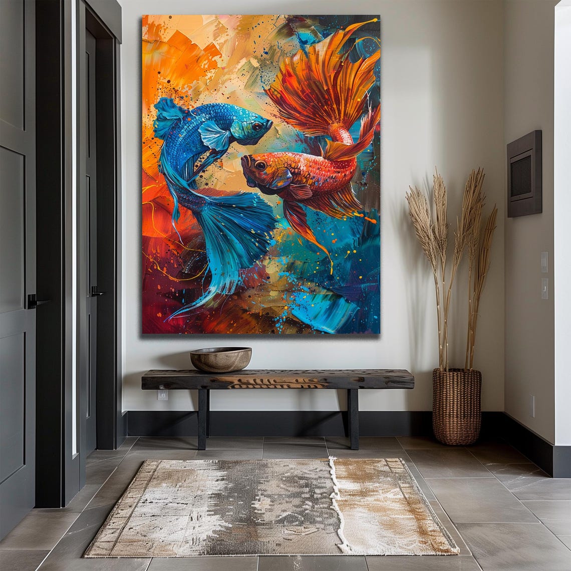 Blue Orange Betta Fish Yin Yang Swirl Painted Tropical Aquarium Poster - Image 3