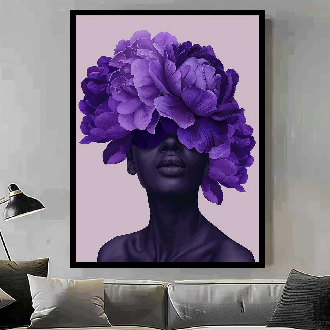 Purple Peony Floral Woman Portrait Modern Botanical Art Poster - Image 3