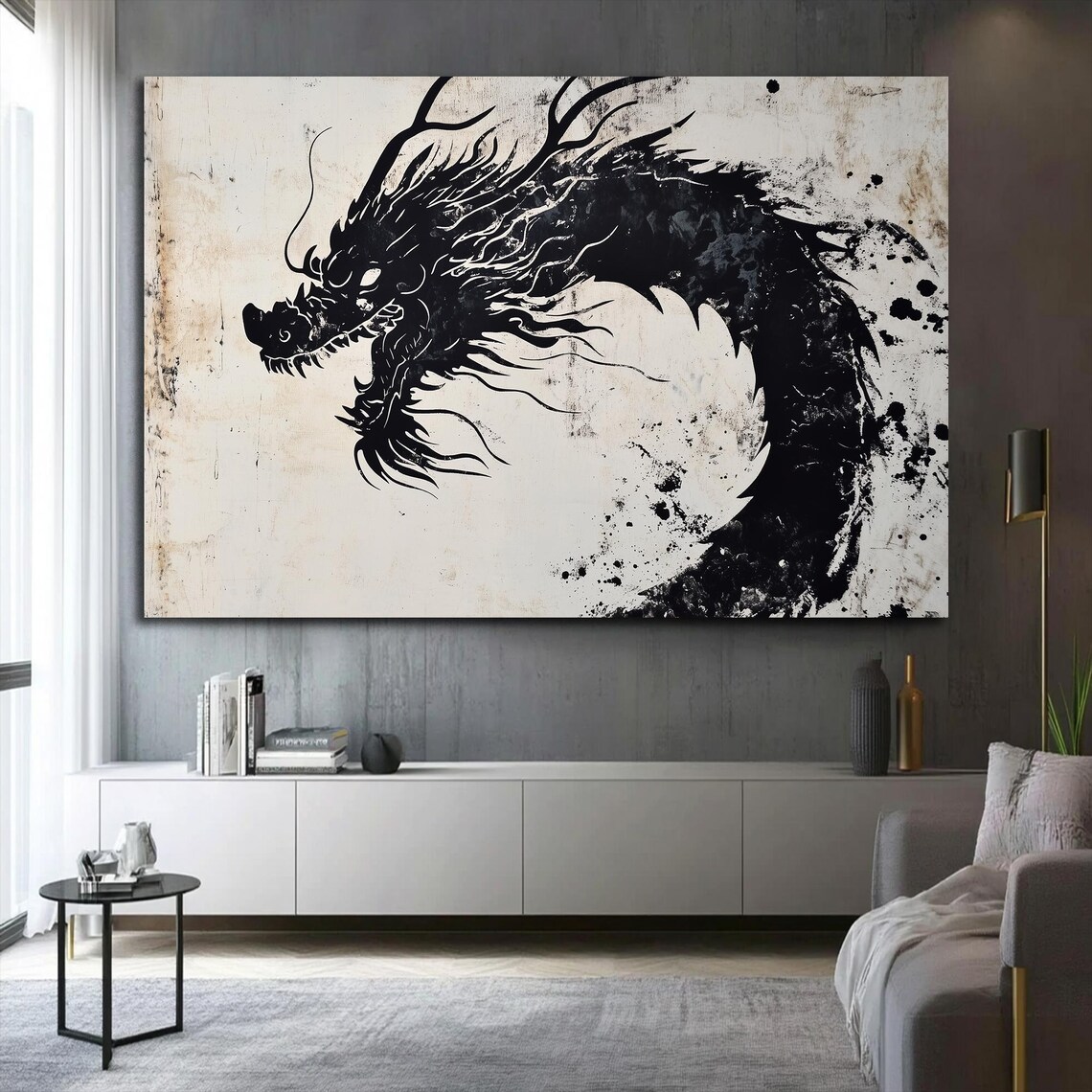 Black Ink Chinese Dragon Sumi E Asian Mythology Art Wall Poster - Image 2