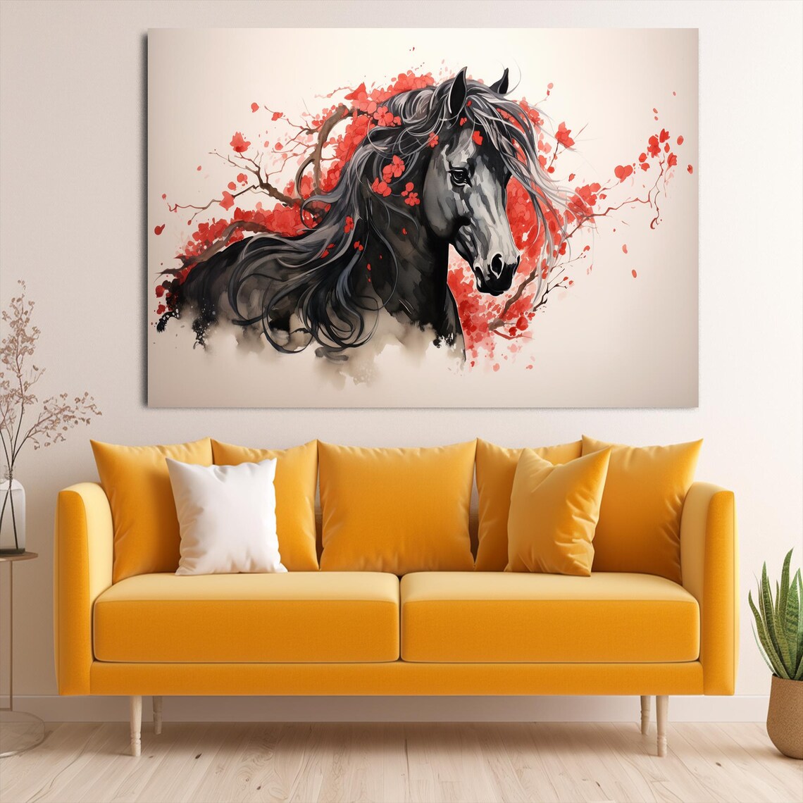 Black Horse Among Red Blossom Branches Portrait Watercolor Wall Art - Image 3