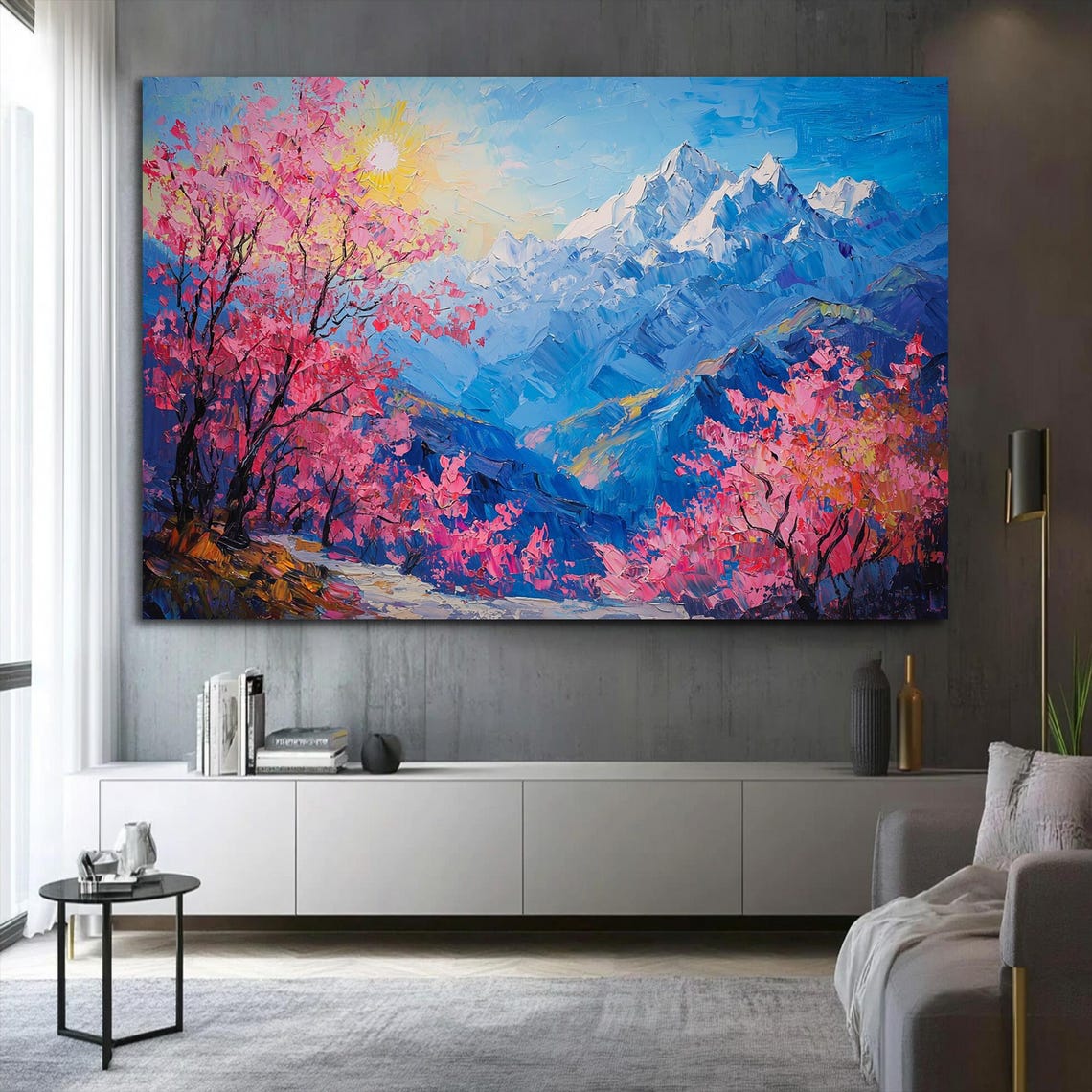 Pink Cherry Blossom Trees Blue Snowy Peaks Spring Landscape Art Poster - Image 2