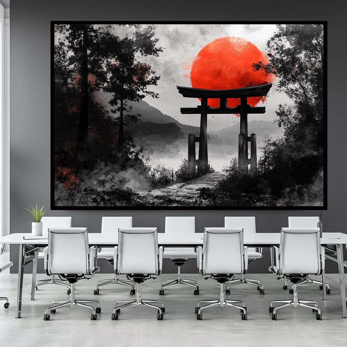 Black Torii Gate Red Sun Japanese Sumi E Ink Minimalist Poster - Image 3