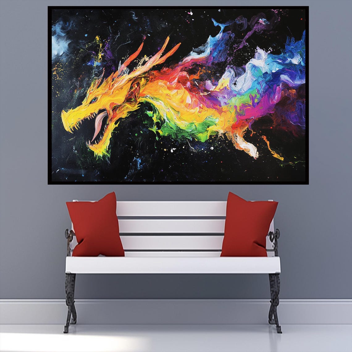 Horizontal Rainbow Dragon Flying Paint Swirls Black Canvas Art Poster - Image 2