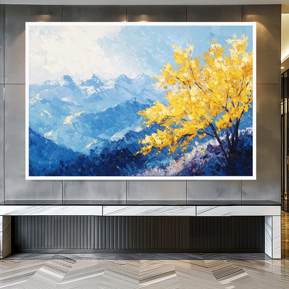 Blue Mountain Range Golden Autumn Tree Bold Impasto Landscape Poster - Image 3