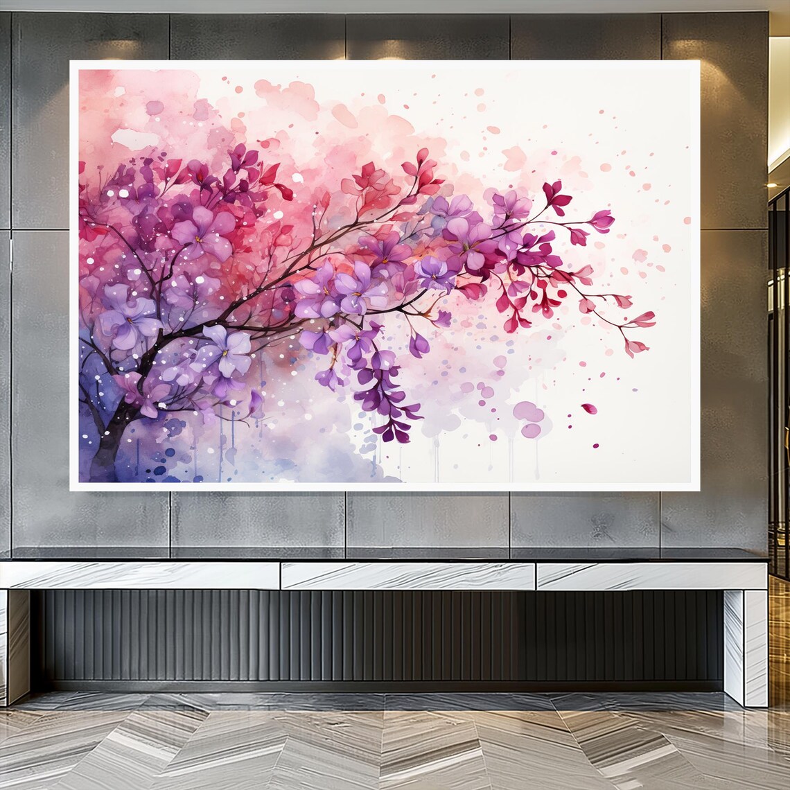 Pink Purple Blossom Branch Watercolor Soft Floral Bloom Wall Art - Image 2