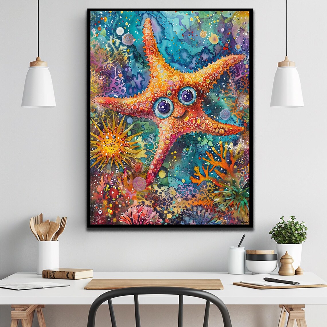 Smiling Orange Starfish Cartoon Coral Reef Ocean Scene Art Print - Image 3