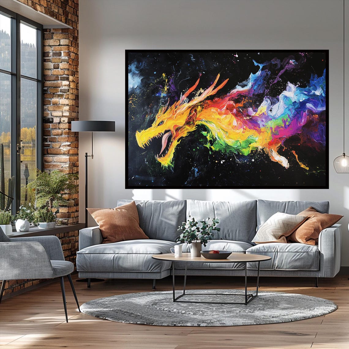 Horizontal Rainbow Dragon Flying Paint Swirls Black Canvas Art Poster - Image 3