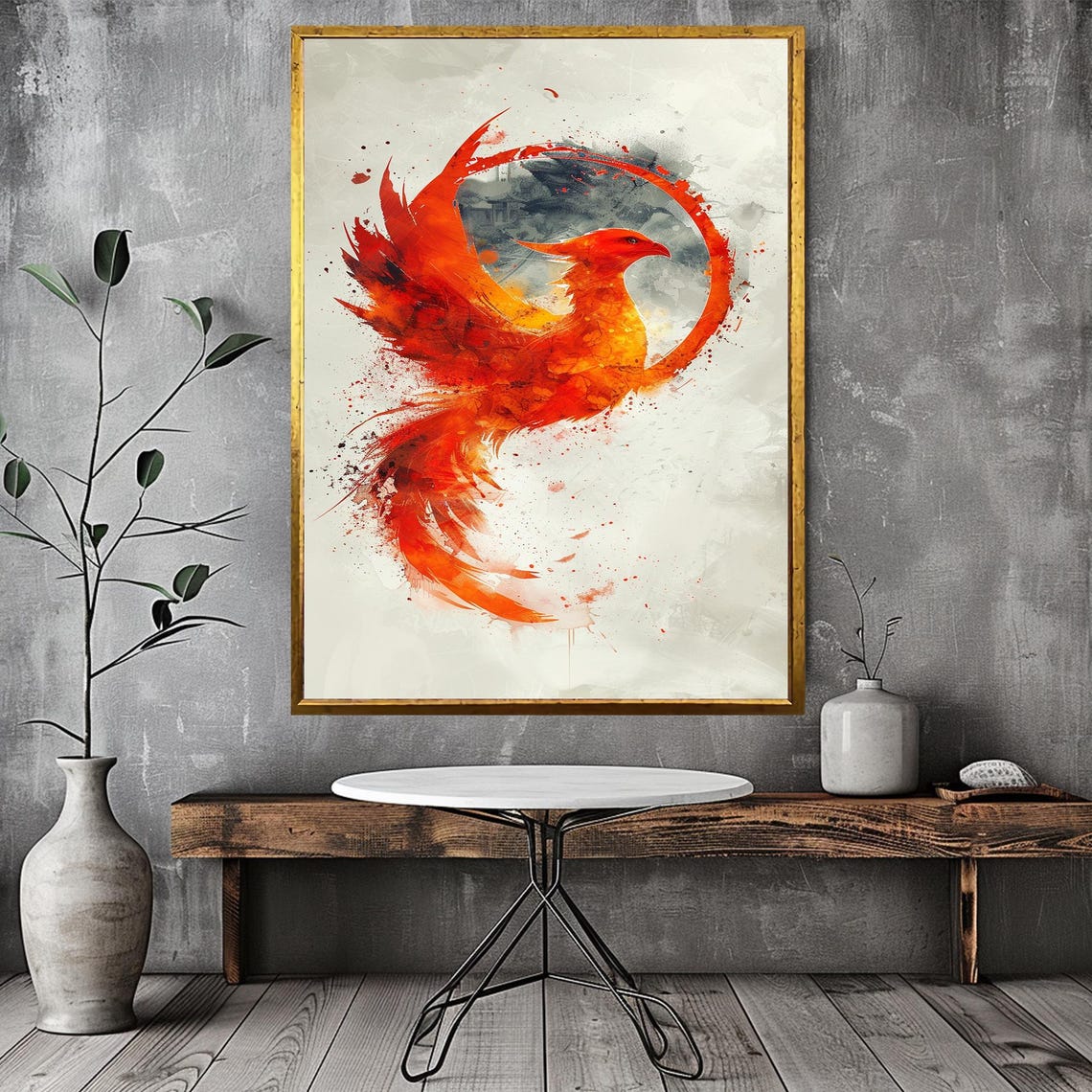Fiery Red Phoenix Watercolor Circle Mythology Bird Art Poster - Image 3