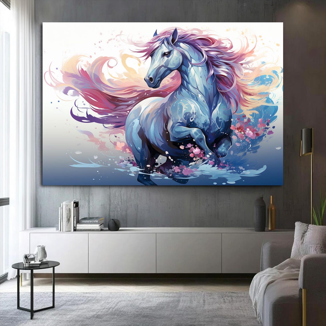 Dreamy Blue Pink Fantasy Horse Watercolor Splash Magic Wall Art - Image 3