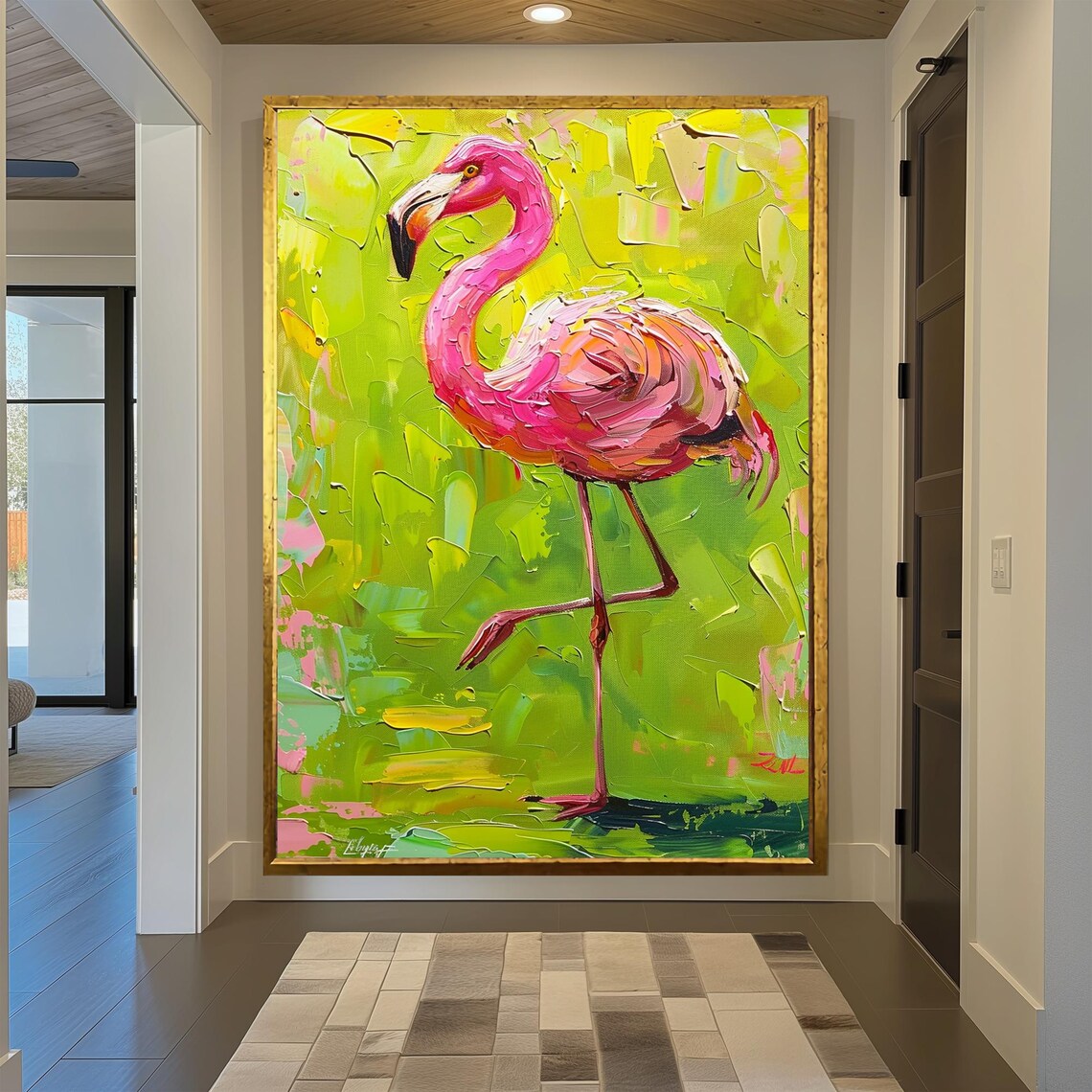 Pink Flamingo Impasto Painting on Lime Green Background Wall Art - Image 2